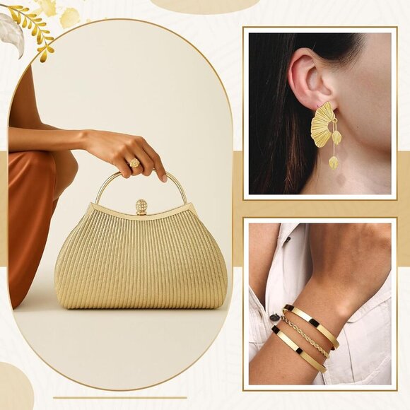 Trendy Gold Evening Accessory Set: Clutch, Bracelets, and Earrings Included - Picture 4 of 7